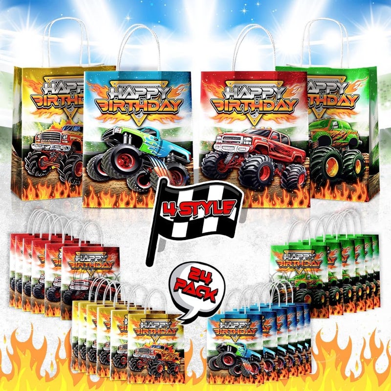 JOYGATHER 24 Pcs Monster-Truck Party Favor Bags with Handles - Racing Truck Goodie Bags Gift Bags. Checkered Theme Candy Bags for Kids, Kraft Paper Bags for Birthday Party Supplies Decorations - Image 2